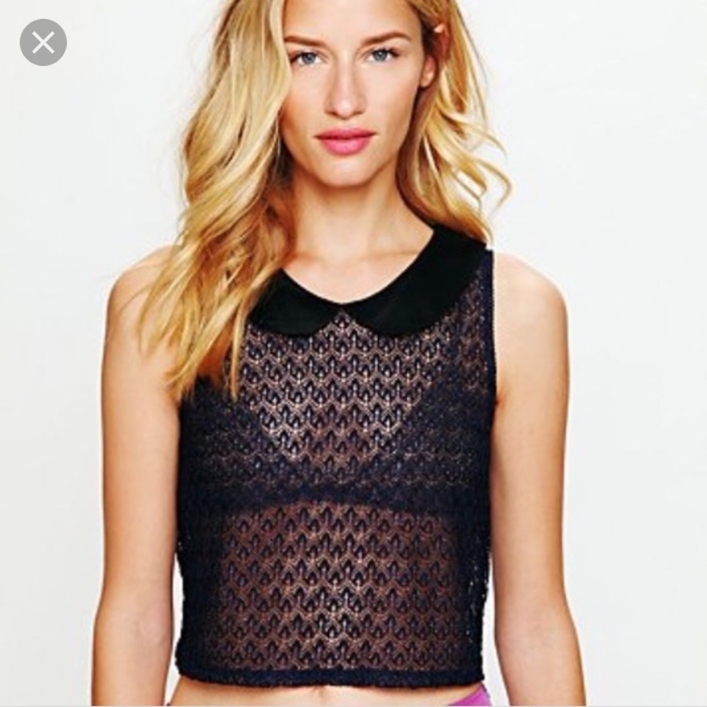 Free People Collared Lace Crop Top, XS, Navy Blue